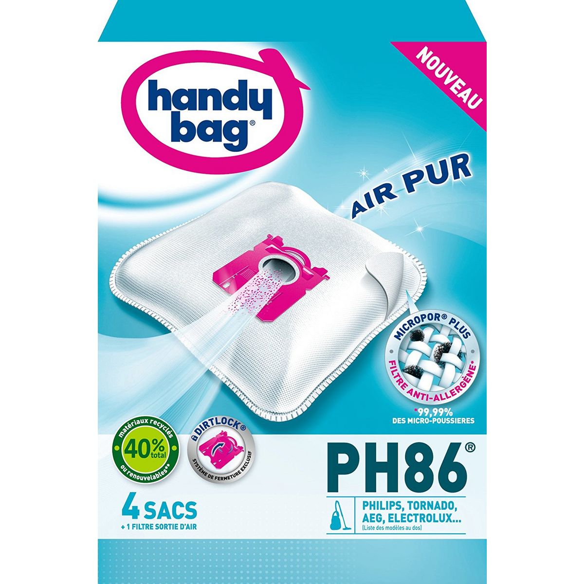 HANDY BAG Lot 4 Sacs Aspirateur en Microfibre PH86 AirSpace Technology