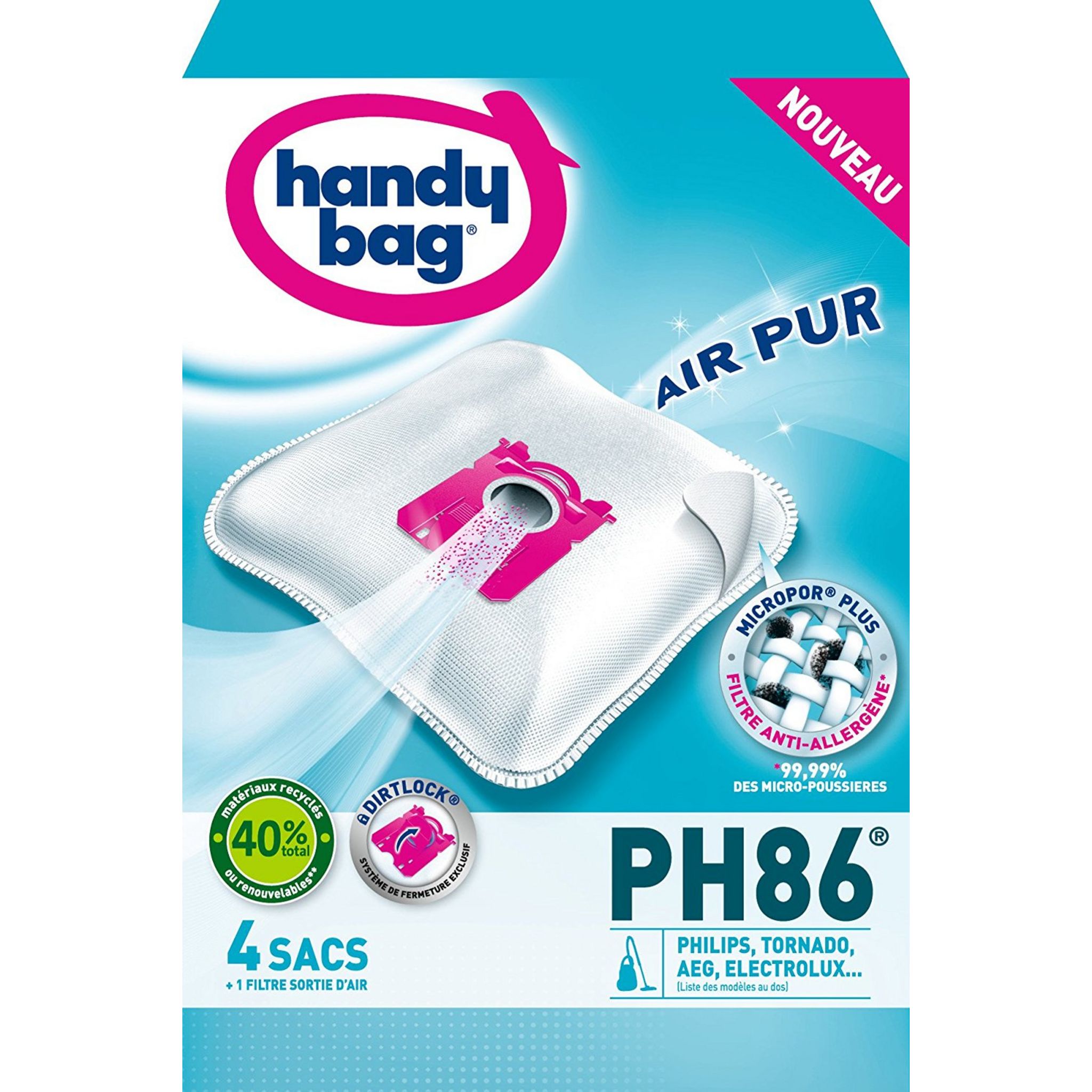 Voir la diapositive 2 : HANDY BAG Lot 4 Sacs Aspirateur en Microfibre PH86 AirSpace Technology