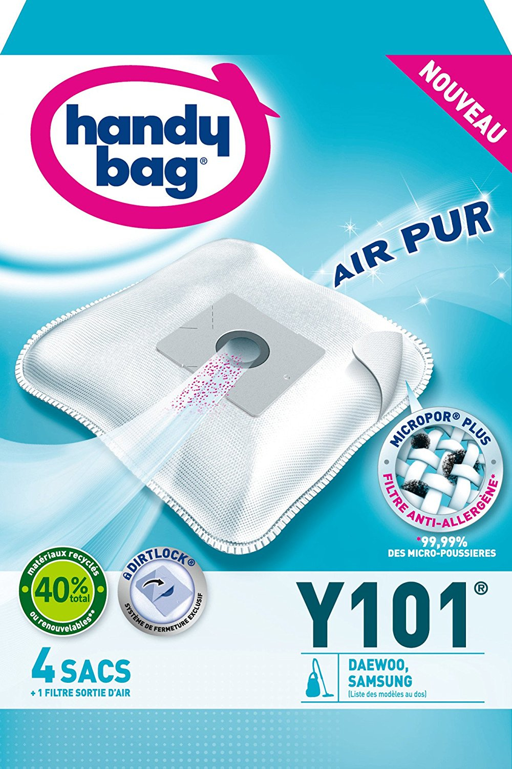 Voir la diapositive 2 : HANDY BAG Accessoires Entretien Y101 Lot 4 Sacs Aspirateurs en Microfibres AirSpace Technology Compatibles Daewoo et Samsung