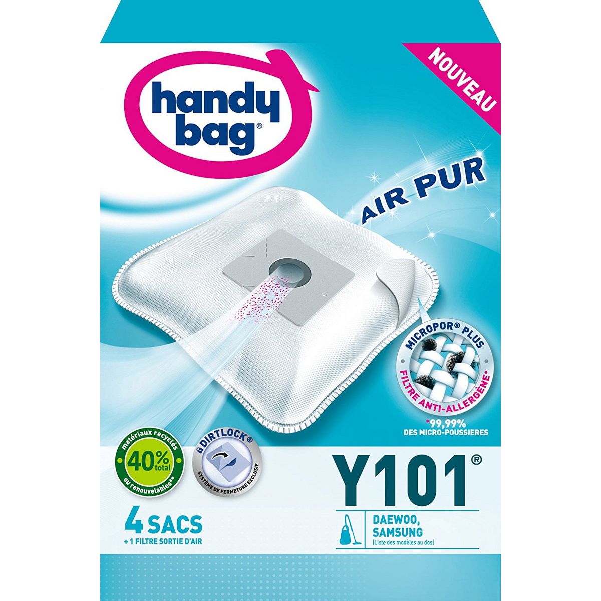 HANDY BAG Accessoires Entretien Y101 Lot 4 Sacs Aspirateurs en Microfibres AirSpace Technology Compatibles Daewoo et Samsung