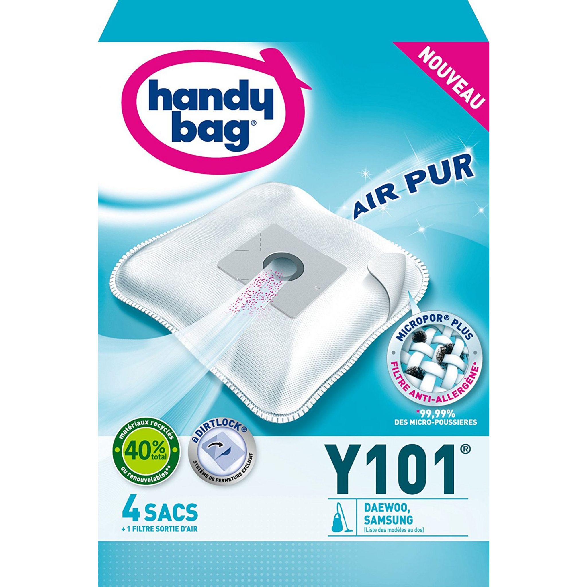 Voir la diapositive 2 : HANDY BAG Accessoires Entretien Y101 Lot 4 Sacs Aspirateurs en Microfibres AirSpace Technology Compatibles Daewoo et Samsung