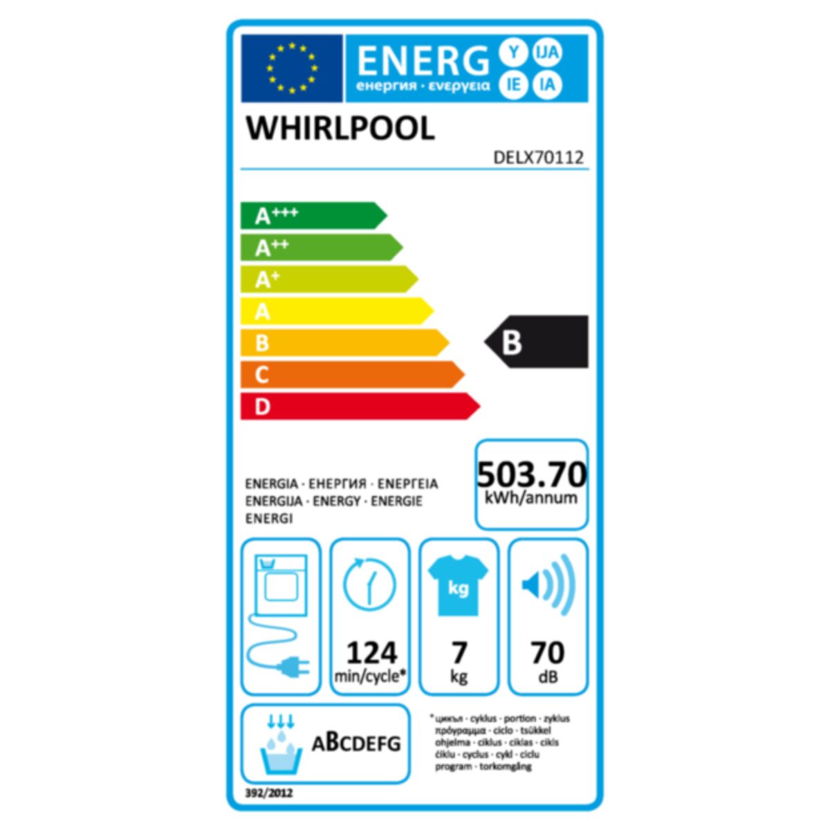 WHIRLPOOL Sèche-linge porte pleine DELX70112, 7 kg, Condensation