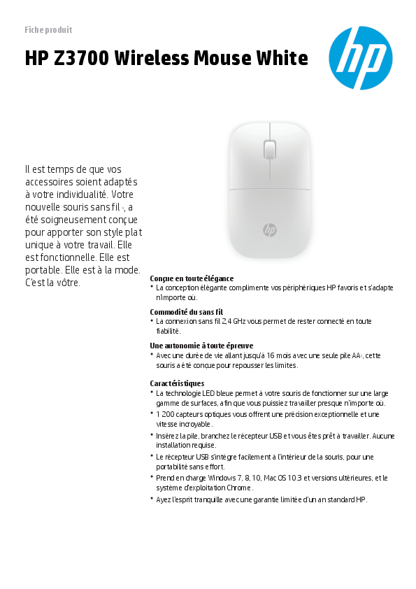 Voir la diapositive 10 : HP Souris sans fil Z3700 - Blanc