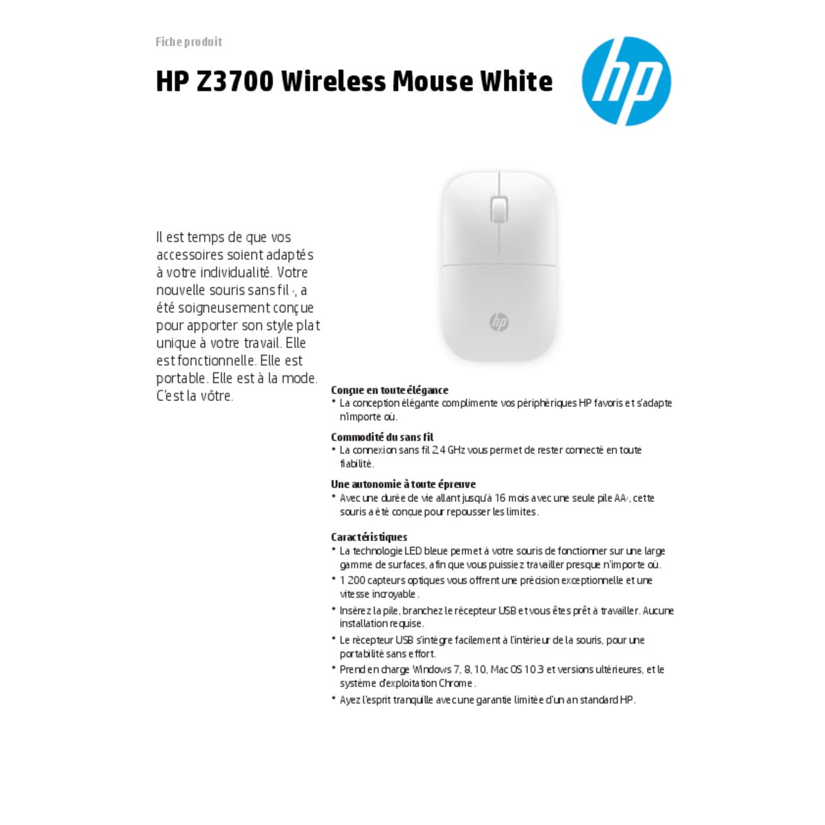 HP Souris sans fil Z3700 - Blanc