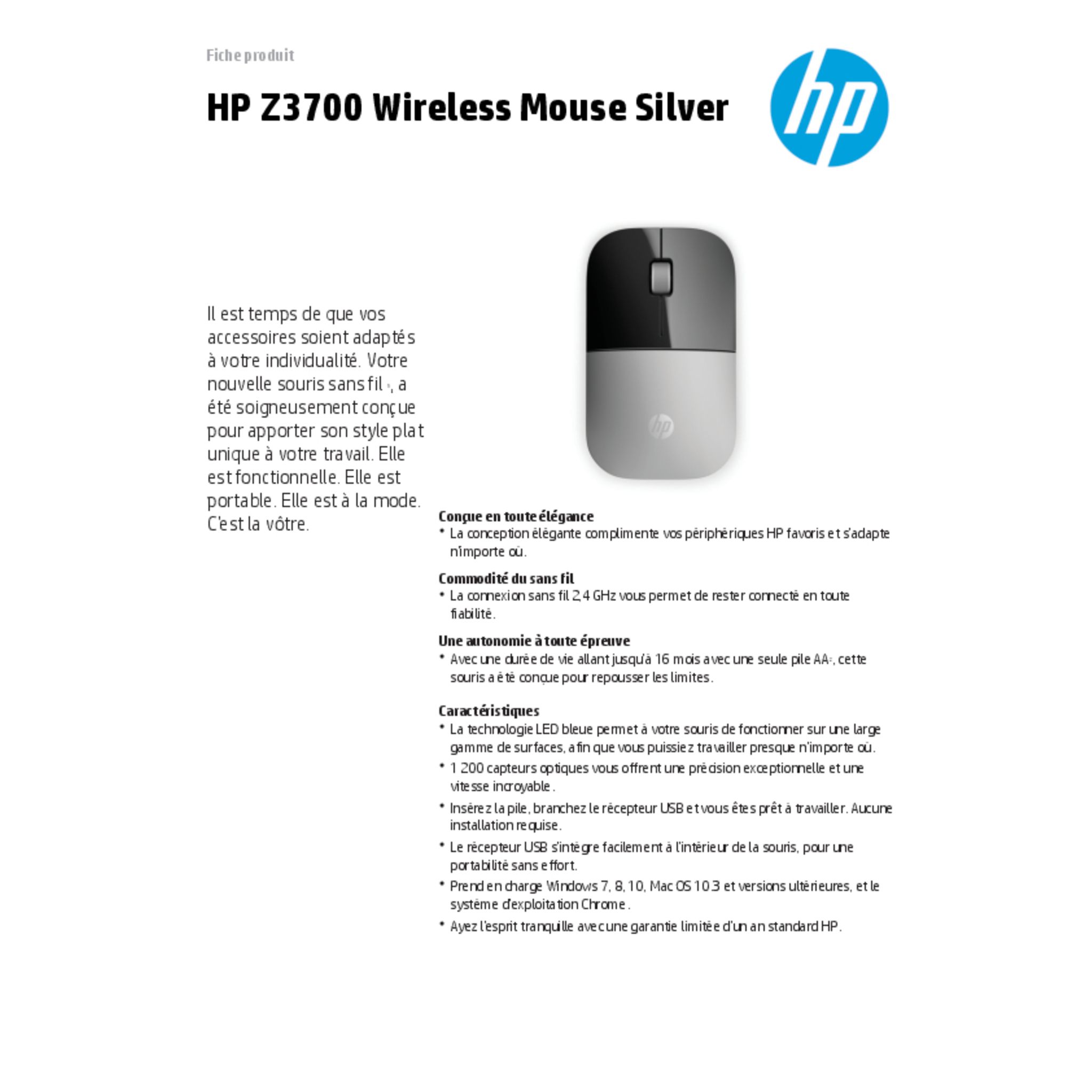 Voir la diapositive 5 : HP Souris sans fil Z3700 - Argent
