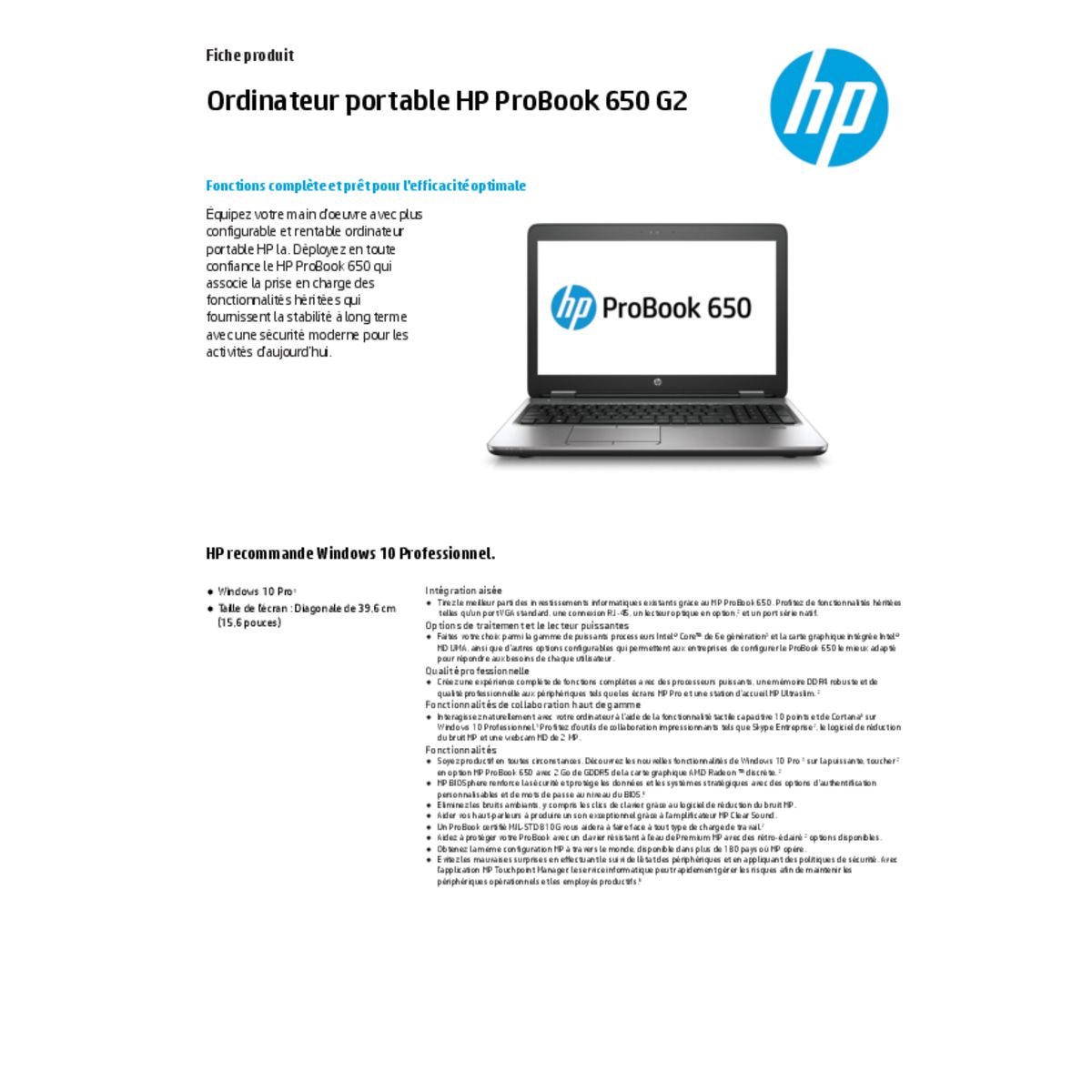 HP Ordinateur portable ProBook 650 G2 Y3B06ET - 500 Go - Noir Argent