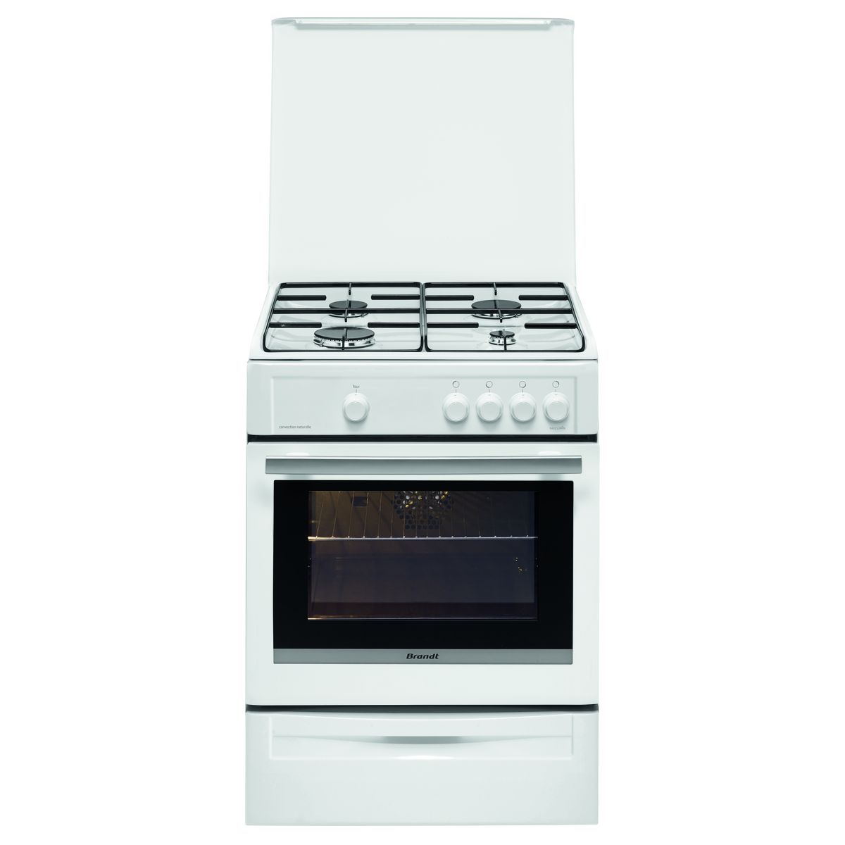 BRANDT Cuisinière à gaz BCG660W, 60 cm, 4 foyers à gaz, four à convection naturelle