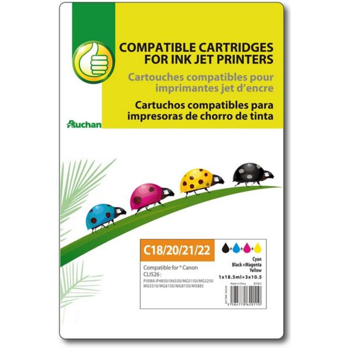 POUCE Cartouche d'encre compatible CANON CLI526 C18/20/21/22 - Noir Cyan Magenta & Jaune