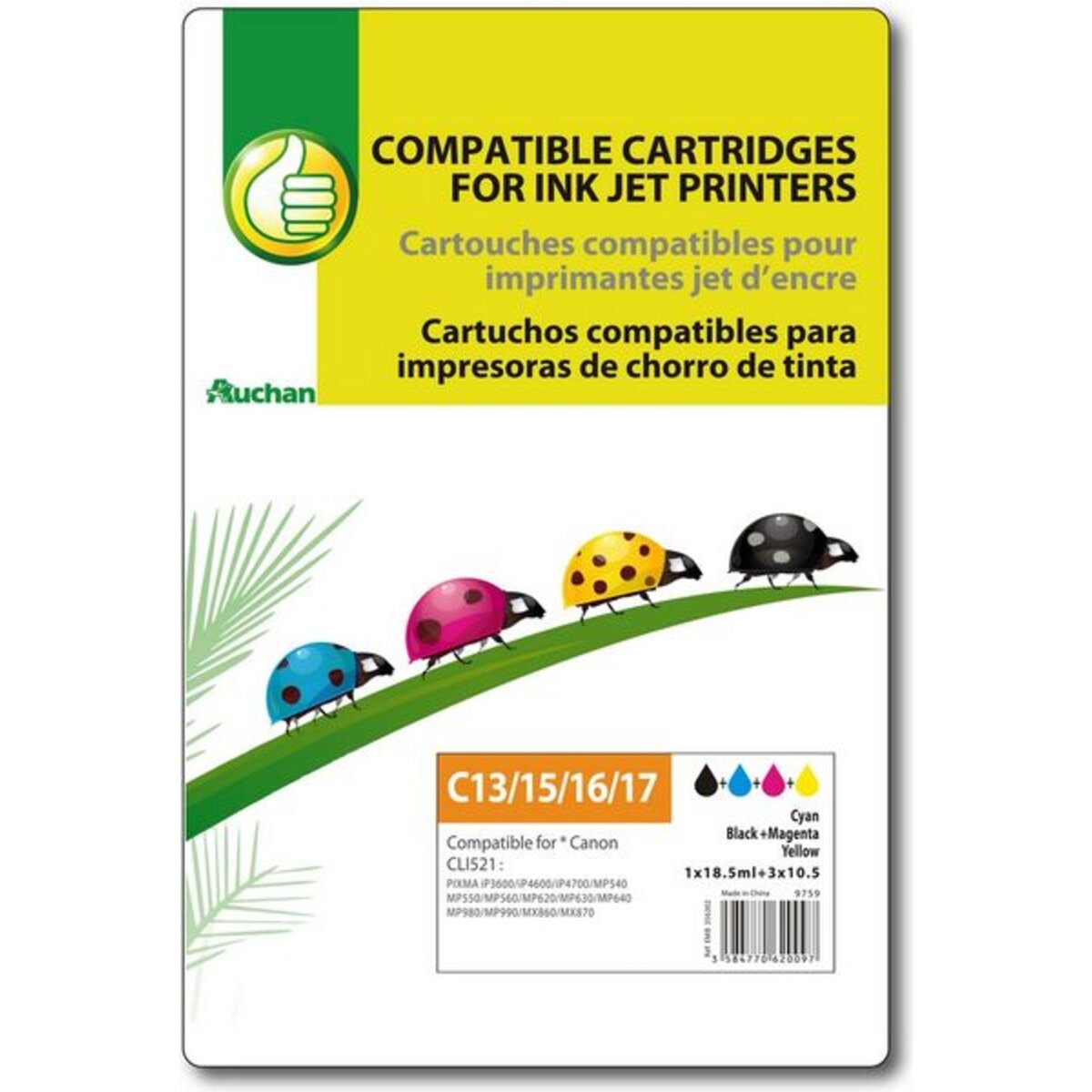 POUCE Cartouche d'encre compatible CANON CLI521 C13/15/16/17 - Noir Cyan Magenta & Jaune