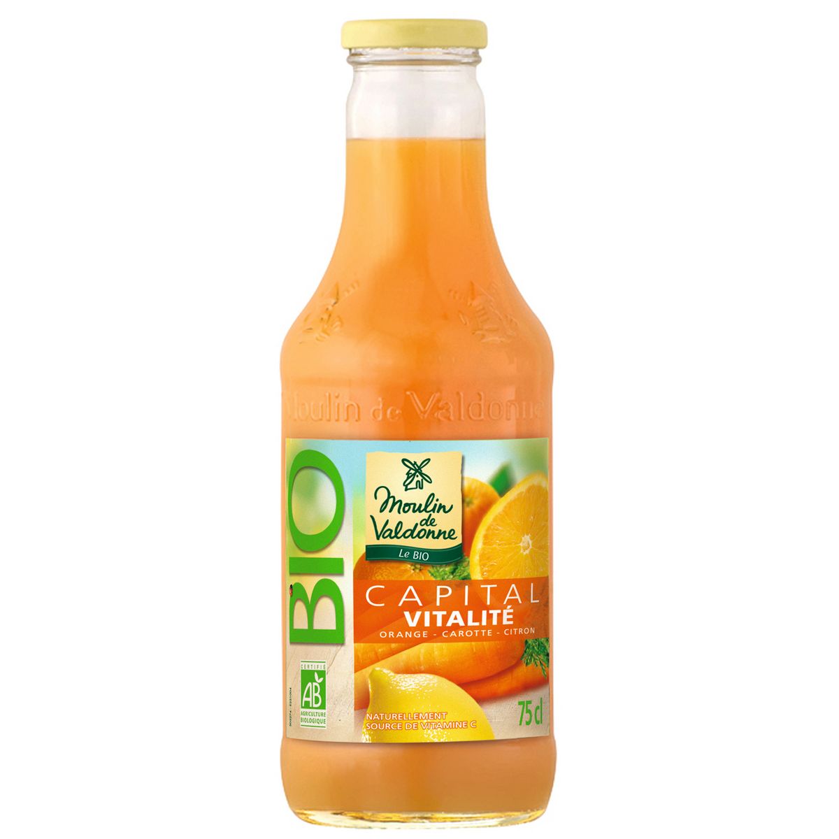 MOULIN DE VALDONNE Jus de fruits et légumes à base de concentré orange citron carotte bio 75cl