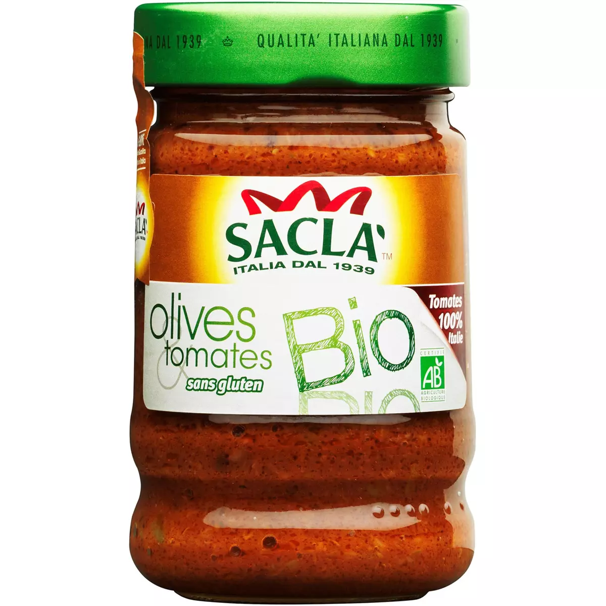 SACLA Sauce olives et tomates bio 100% Italie sans gluten, en bocal 190g