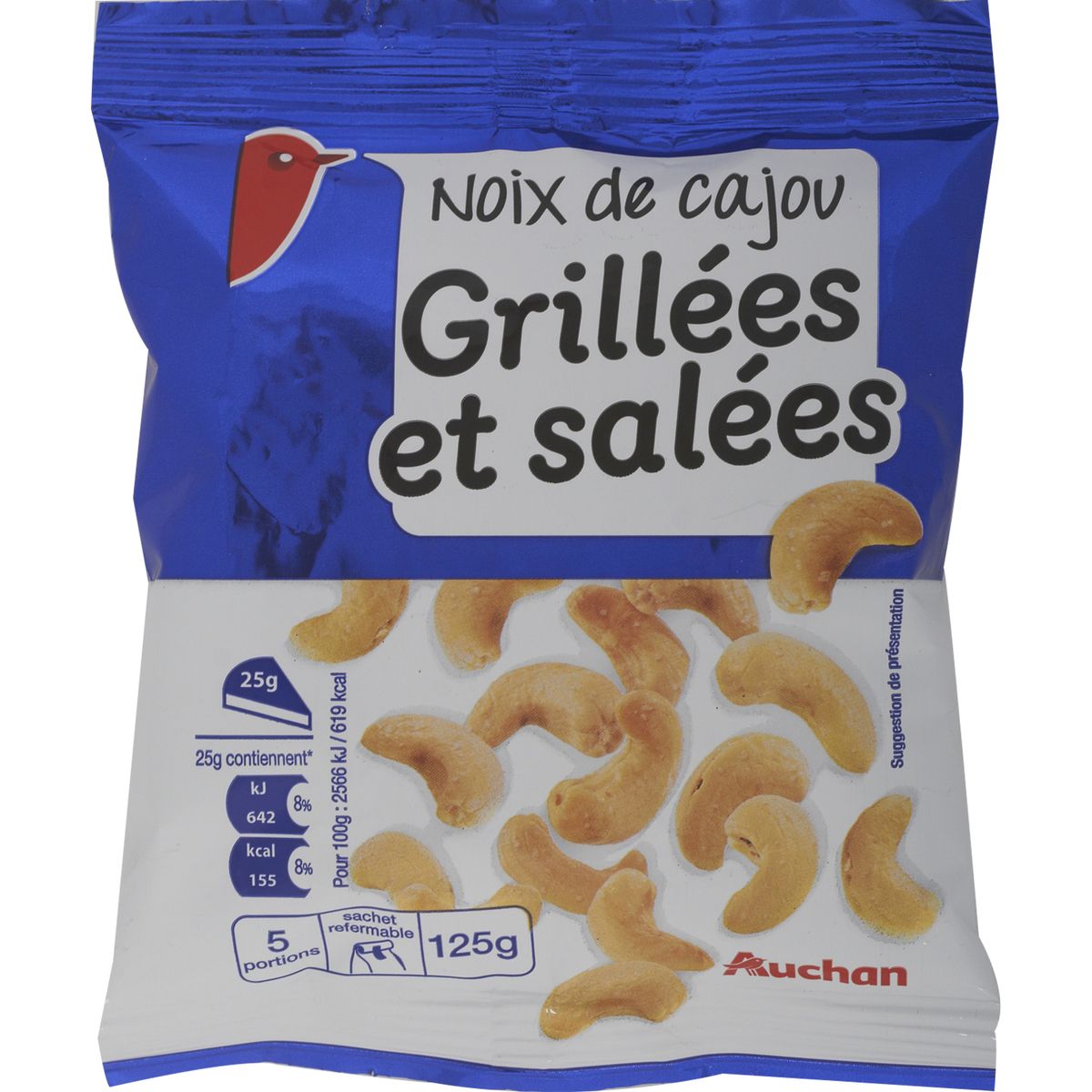 AUCHAN Noix de cajou grillées et salées 125g
