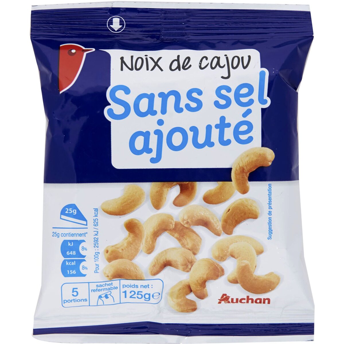 AUCHAN Auchan noix de cajou non salées 125g