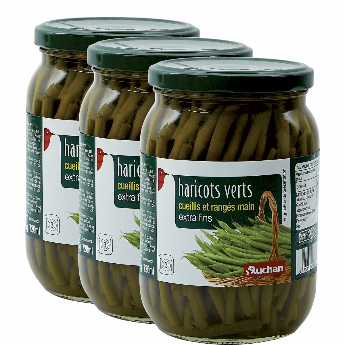 AUCHAN Haricots verts extra fins cueillis et rangés main 3x345g