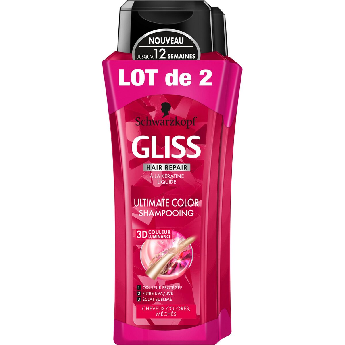 GLISS Shampooing à la kératine liquide cheveux colorés, méchés 2x250ml