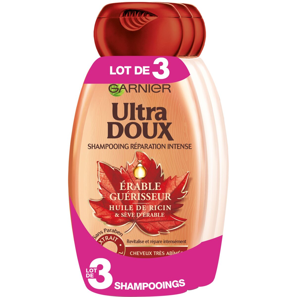 ULTRA DOUX Shampooing réparation intense érable & huile de ricin cheveux abîmés 3x250ml