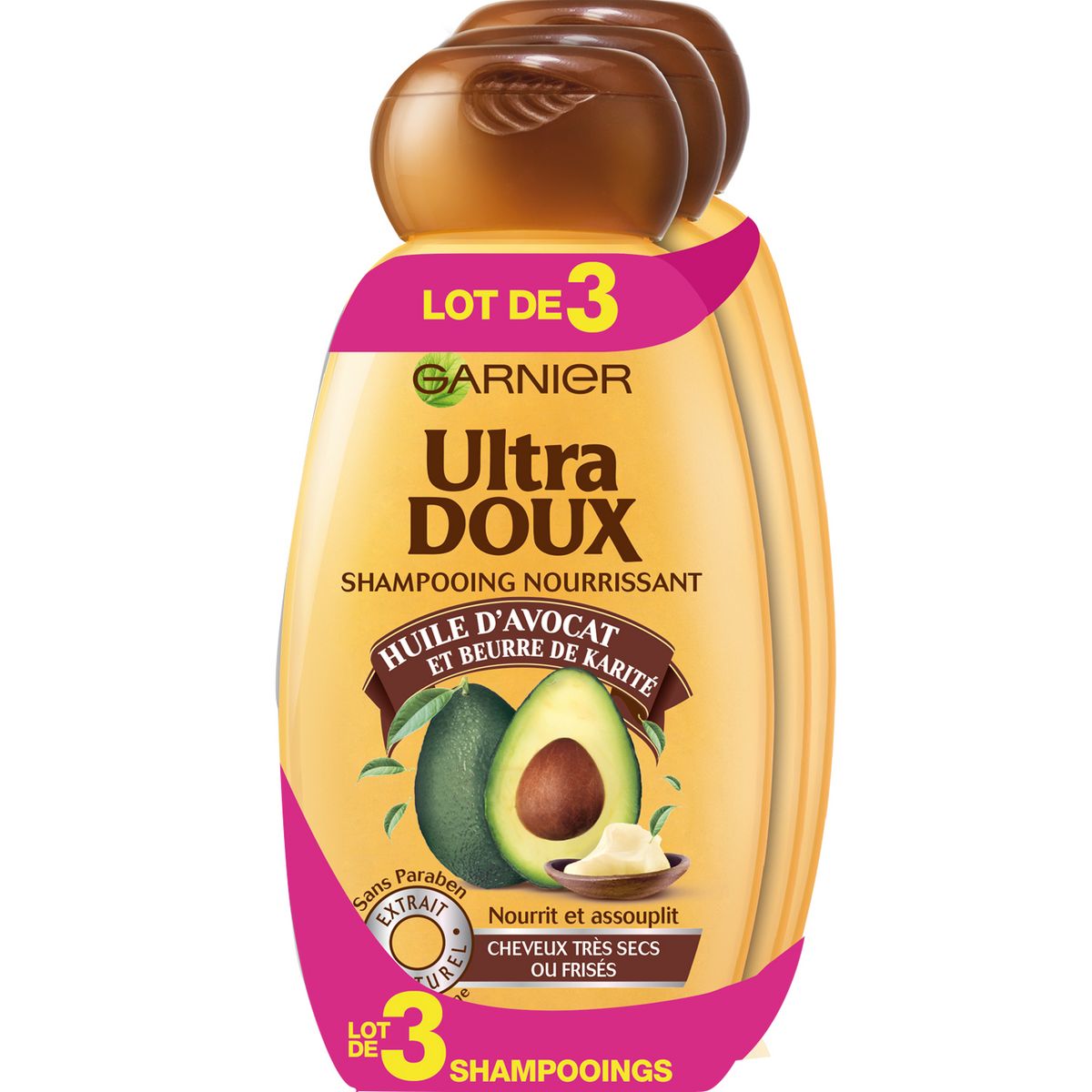 GARNIER Ultra Doux Shampoing nourrissant à l'huile d'avocat et beurre de karité 3x250ml
