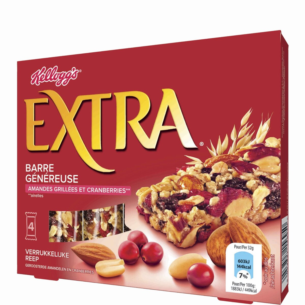 EXTRA Extra Barres de céréales amandes grillées et cranberries 4 barres 4x32g 4 barres 4x32g
