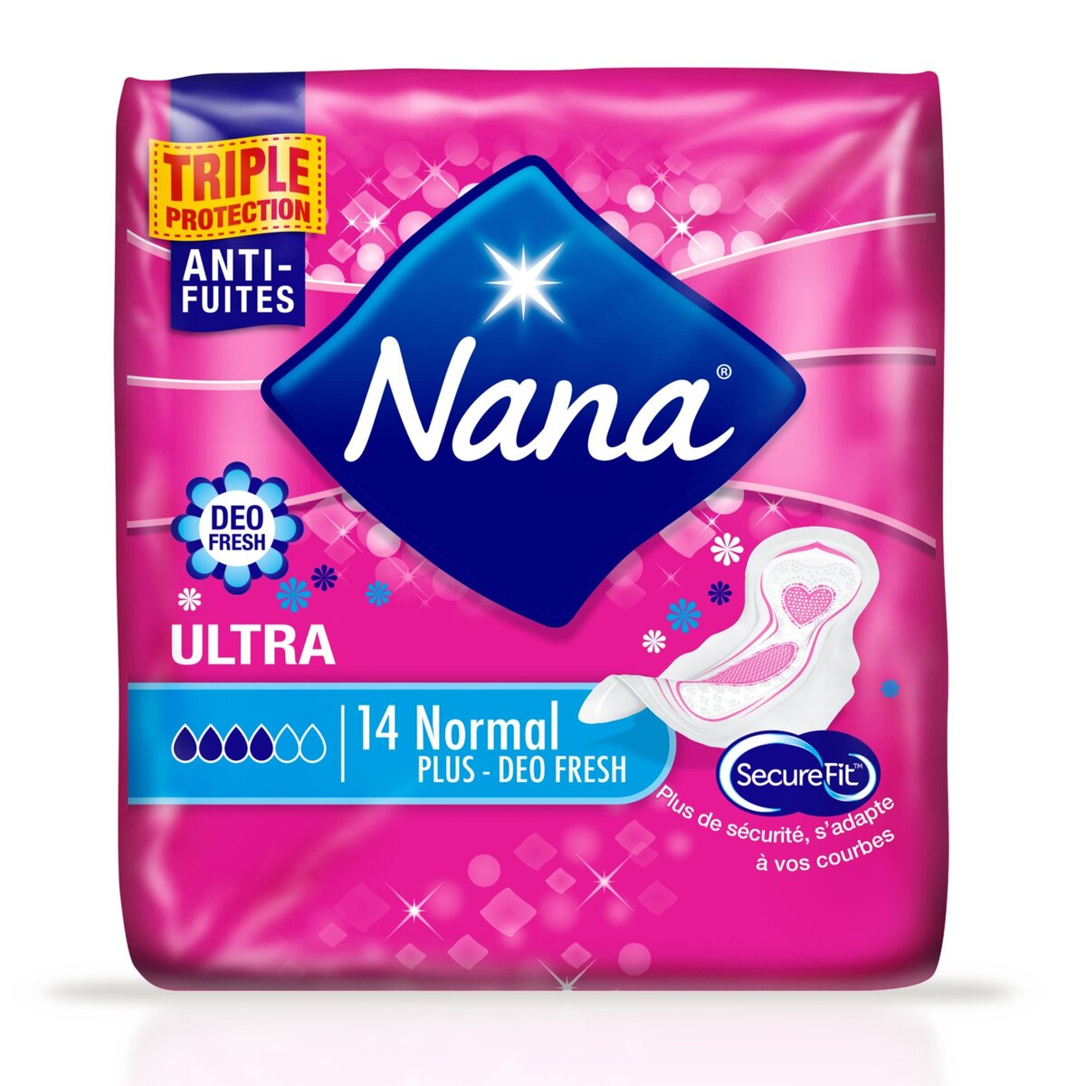NANA Nana Secure Fit serviettes hygiéniques avec ailettes normal x28 28  serviettes 2x14 serviettes pas cher 