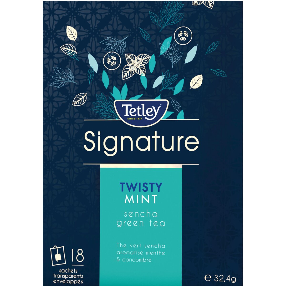 TETLEY Tetley Signature twisty mint thé vert sencha menthe et concombre x18 18 sachets 32,4g