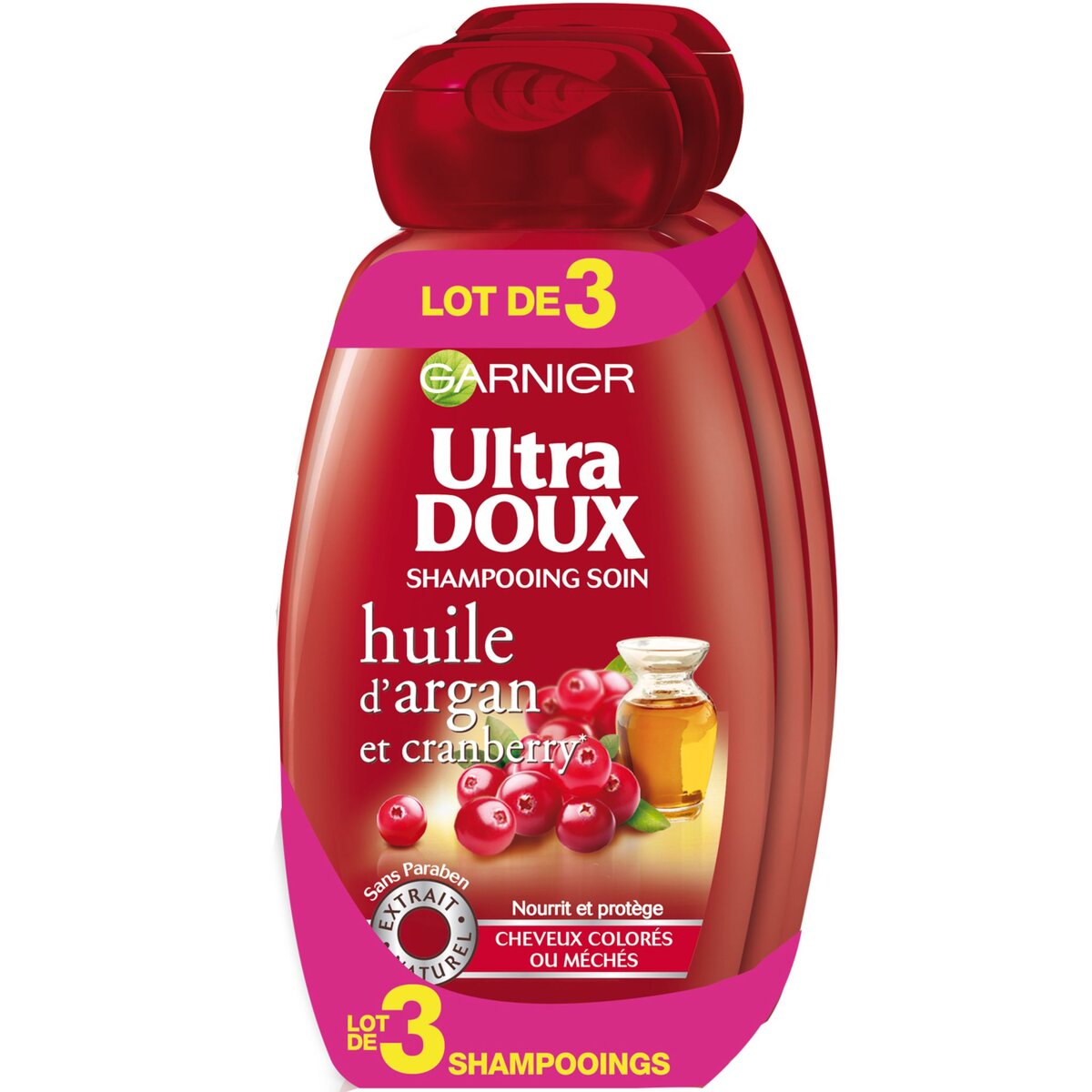 ULTRA DOUX Shampooing soin argan & cranberry cheveux colorés, méchés 3x250ml