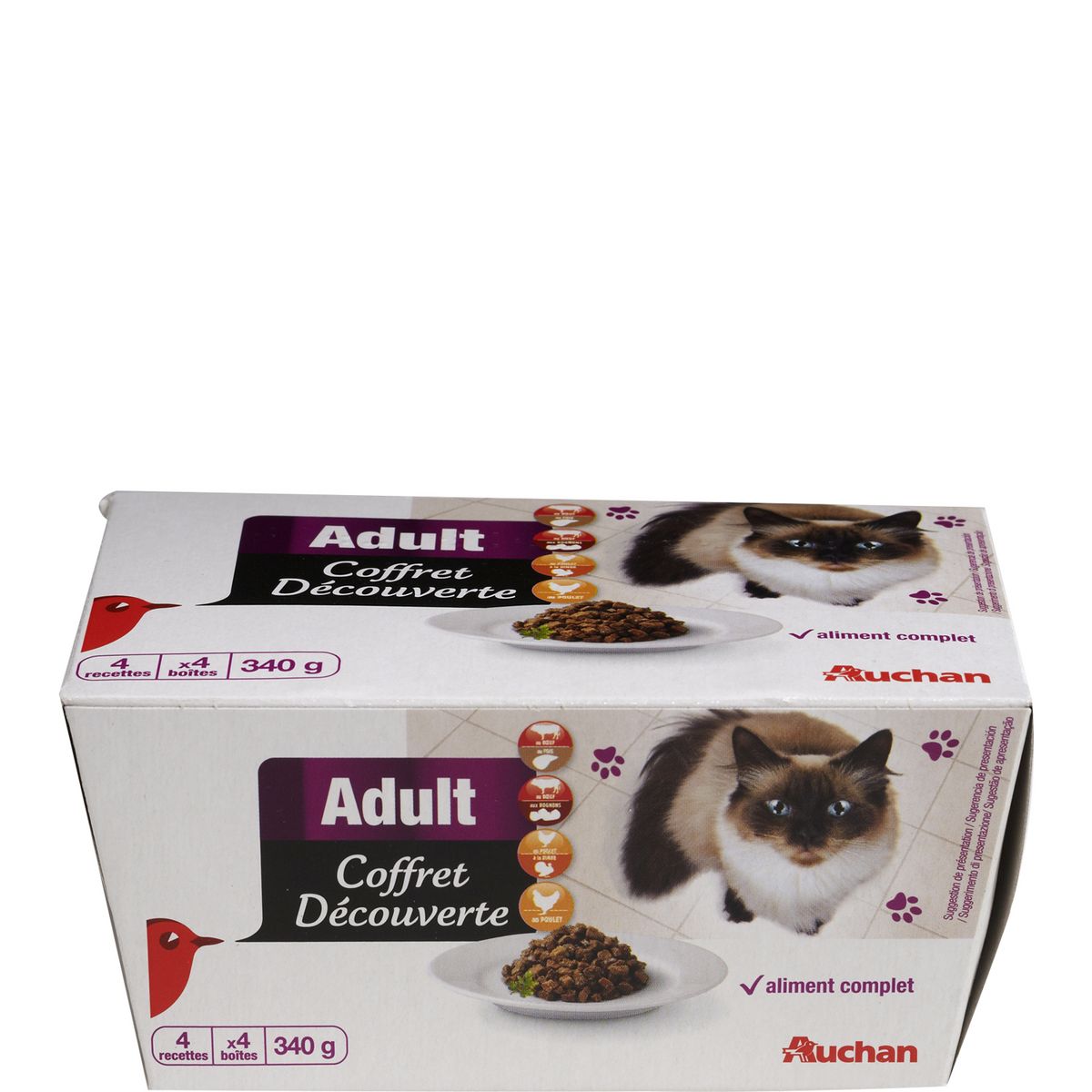 AUCHAN Aliment complet chat adulte coffret découverte au bœuf au poulet et à la dinde 4 boites 340g