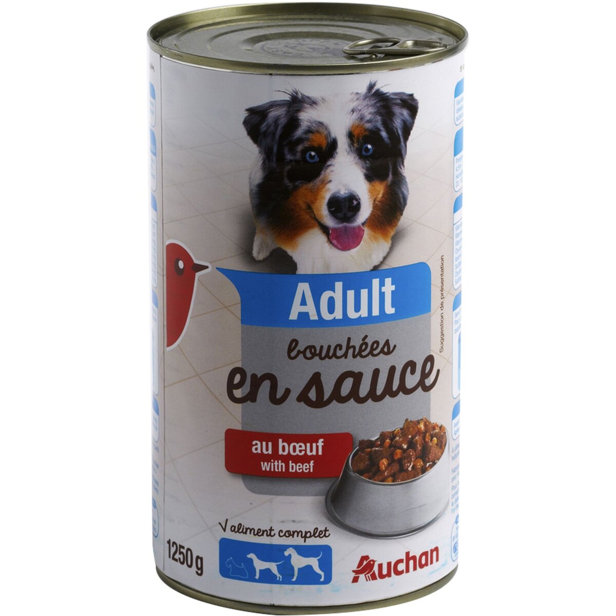 AUCHAN Adult boîte pâtée en sauce au boeuf pour chien 1250g