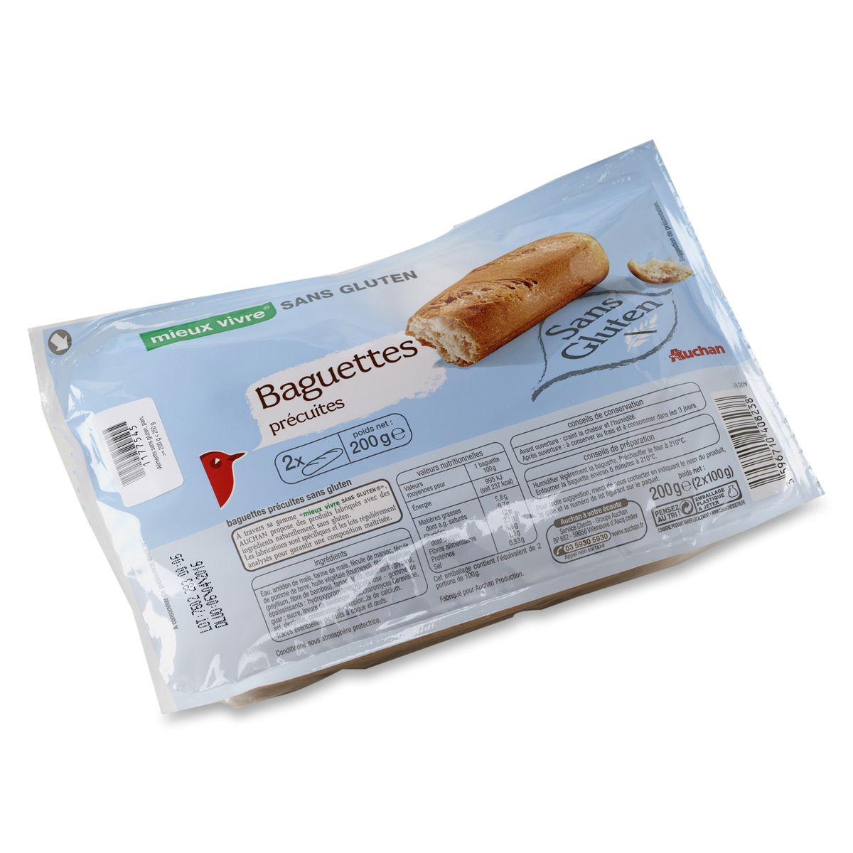 AUCHAN Auchan baguettes précuites sans gluten x2 200g