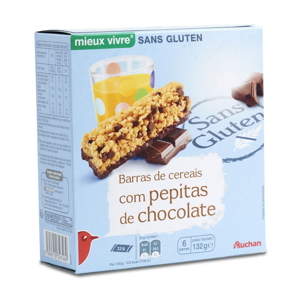 AUCHAN MIEUX VIVRE Barre de céréales avec pépites de chocolat sans gluten 129g