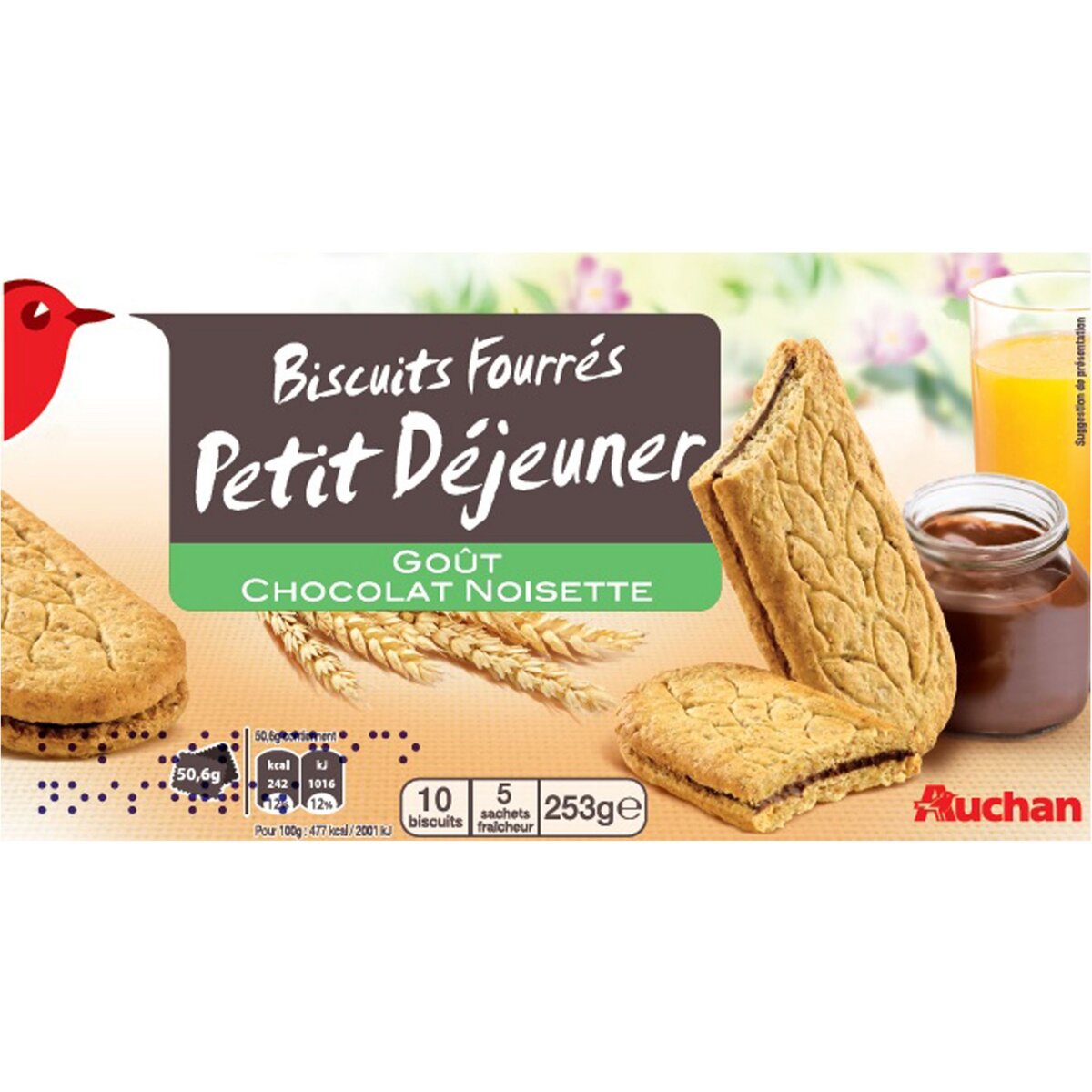 AUCHAN Biscuits petit-déjeuner fourrés goût chocolat noisette, sachets fraîcheur 5x2 biscuits 253g