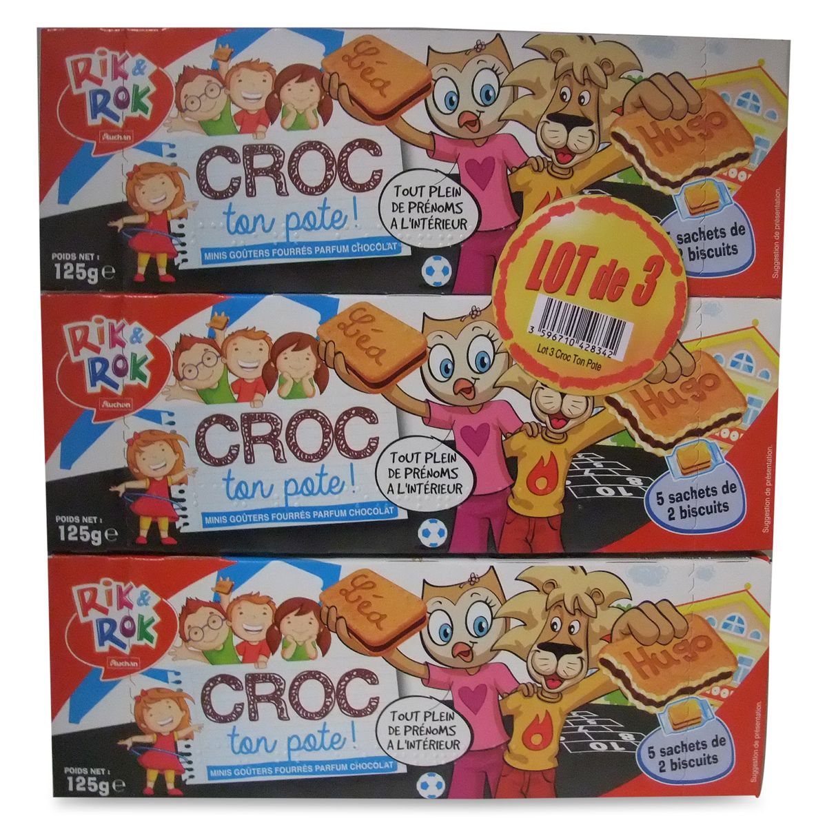AUCHAN RIK & ROK Rik&Rok mini goûters fourrés chocolat croq ton pote 3x125g