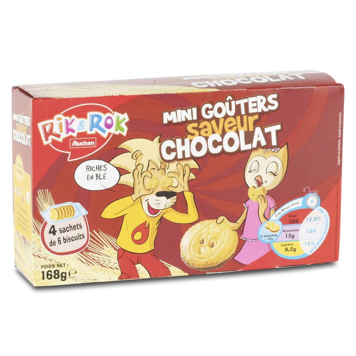 AUCHAN RIK & ROK Mini biscuits fourrés saveur chocolat, sachets fraîcheur 4x6 biscuits 168g