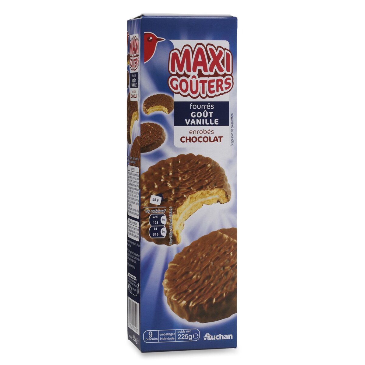 AUCHAN Auchan maxi goûters fourrés vanille enrobage choco x9 - 225g