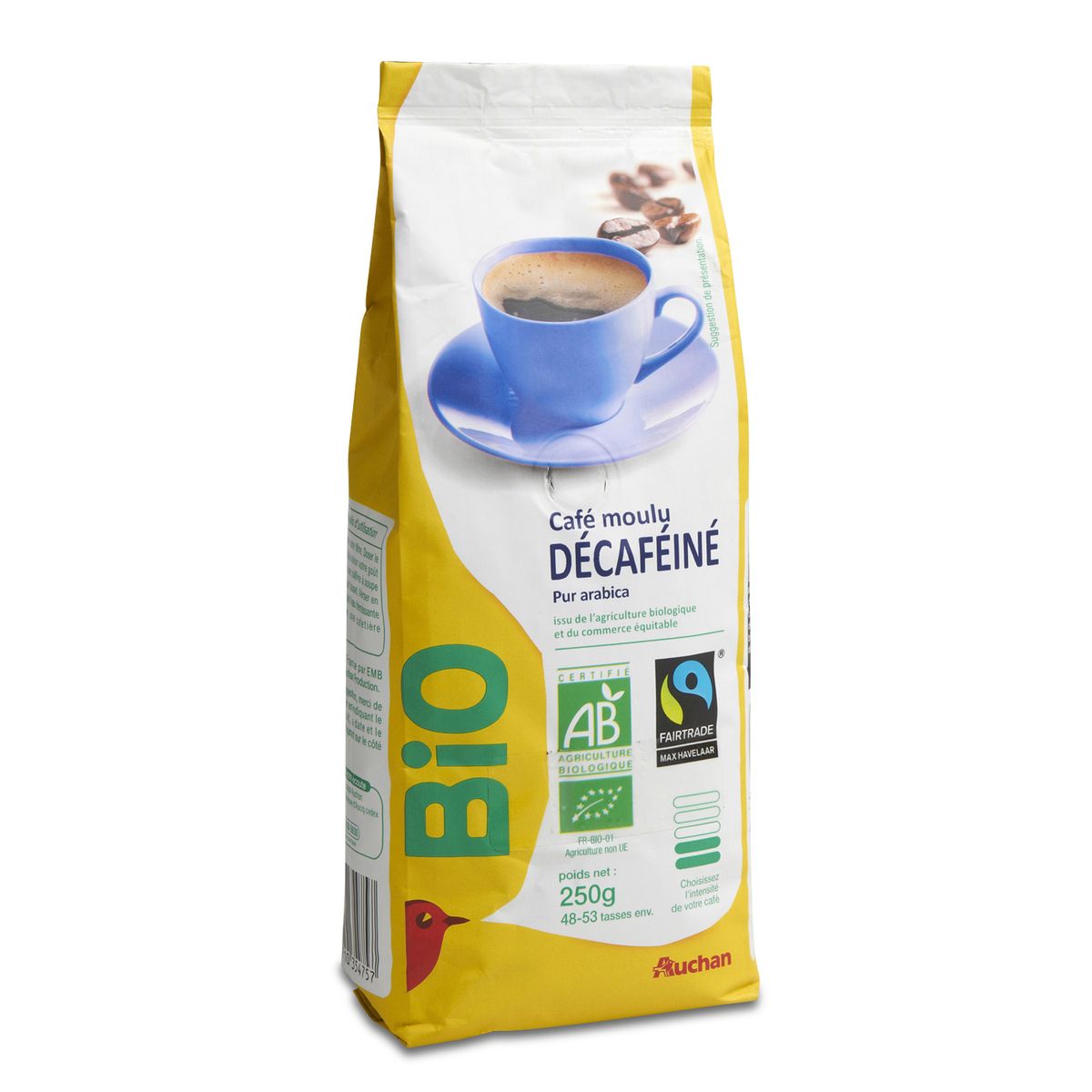 AUCHAN BIO Auchan Bio café moulu pur arabica décaféiné Max Havelaar