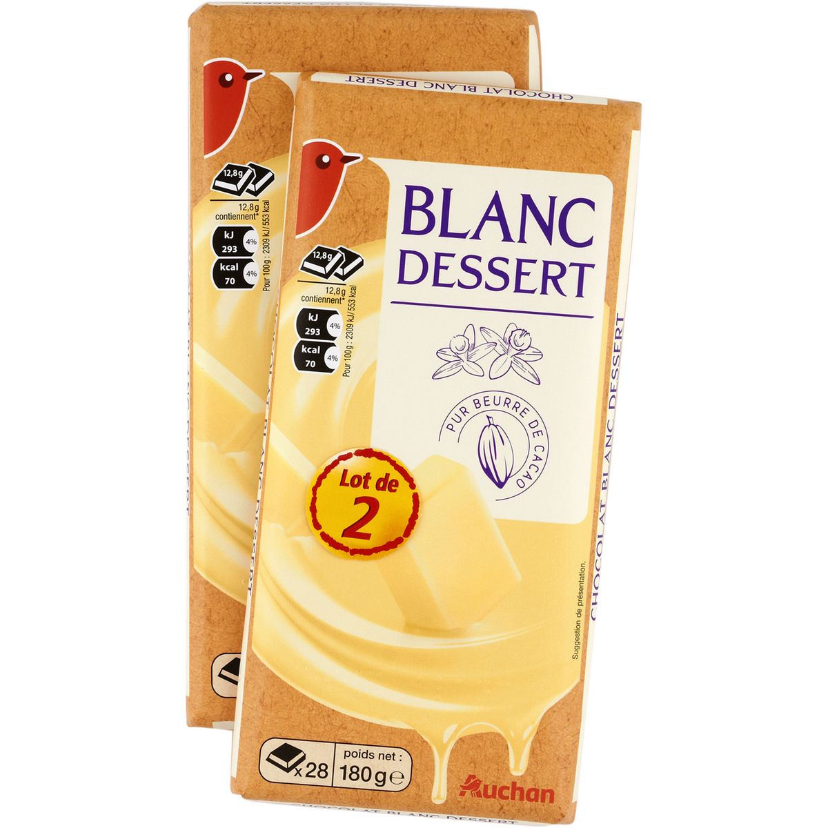 AUCHAN Tablette de chocolat blanc spécial dessert 2 tablettes 2X180g