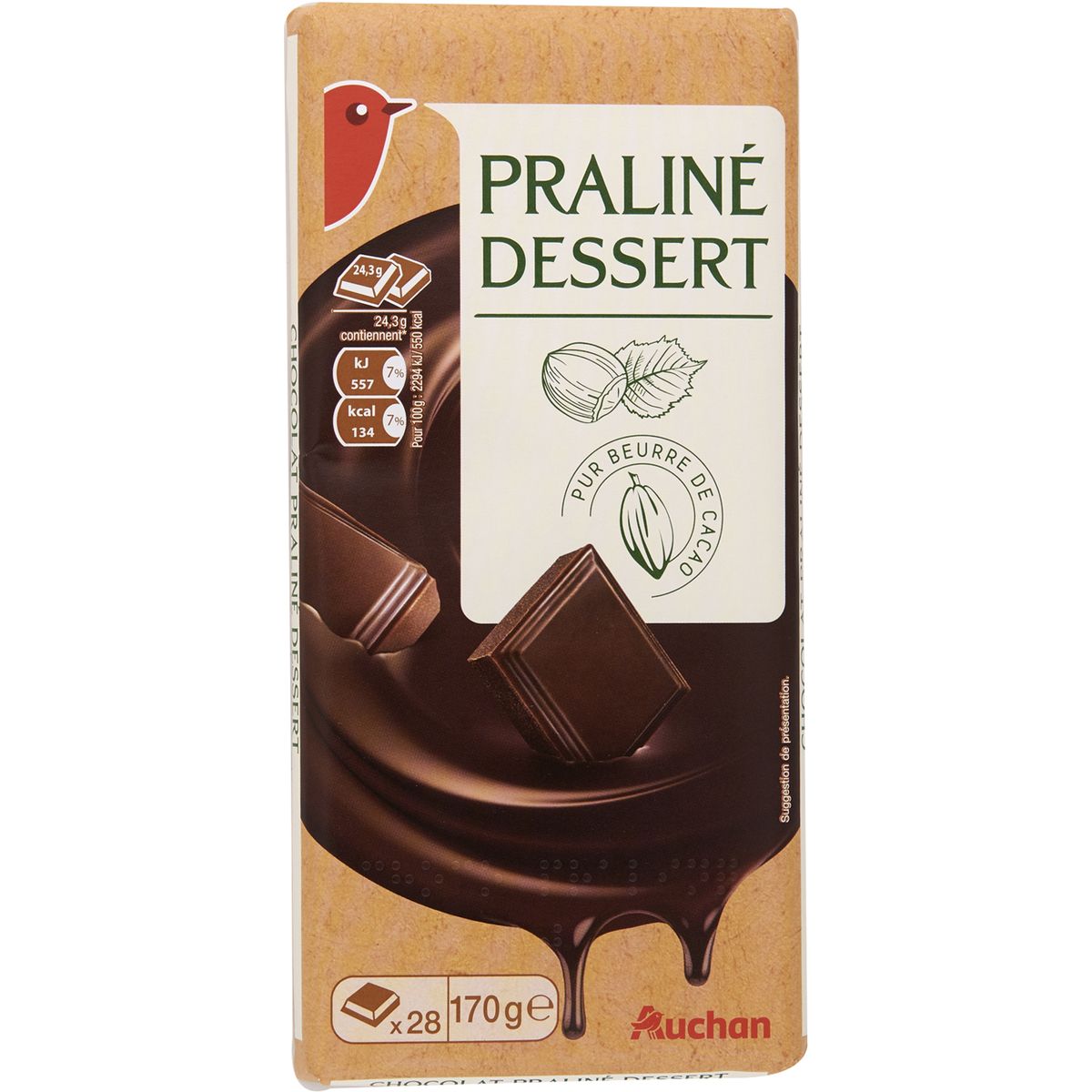 AUCHAN Auchan chocolat dessert praliné tablette 170g