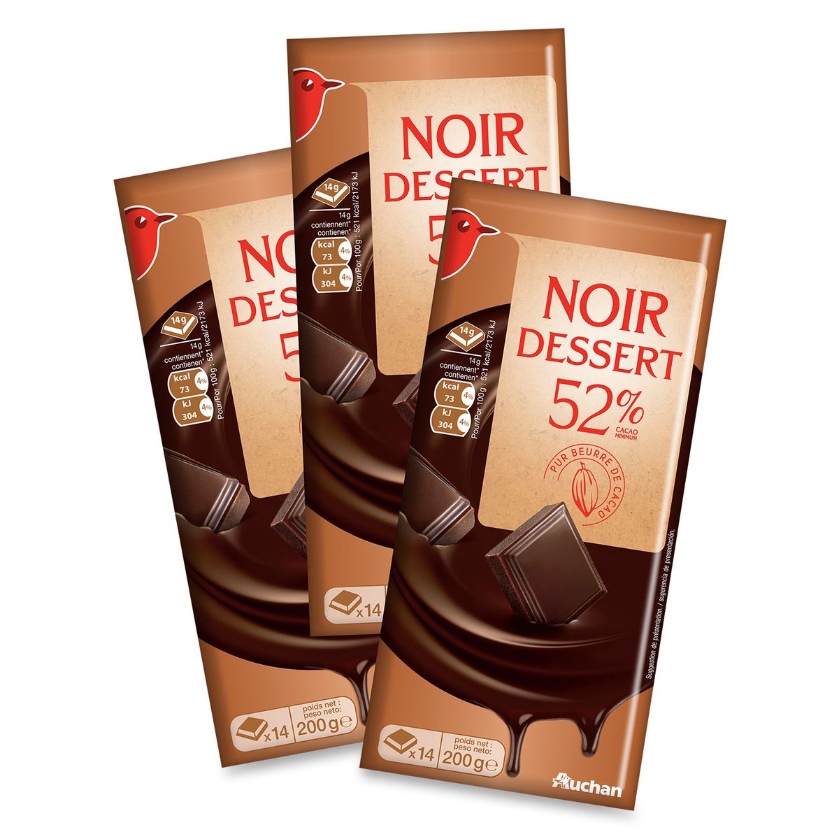 AUCHAN Tablette de chocolat dessert noir 3 tablettes 3x200g