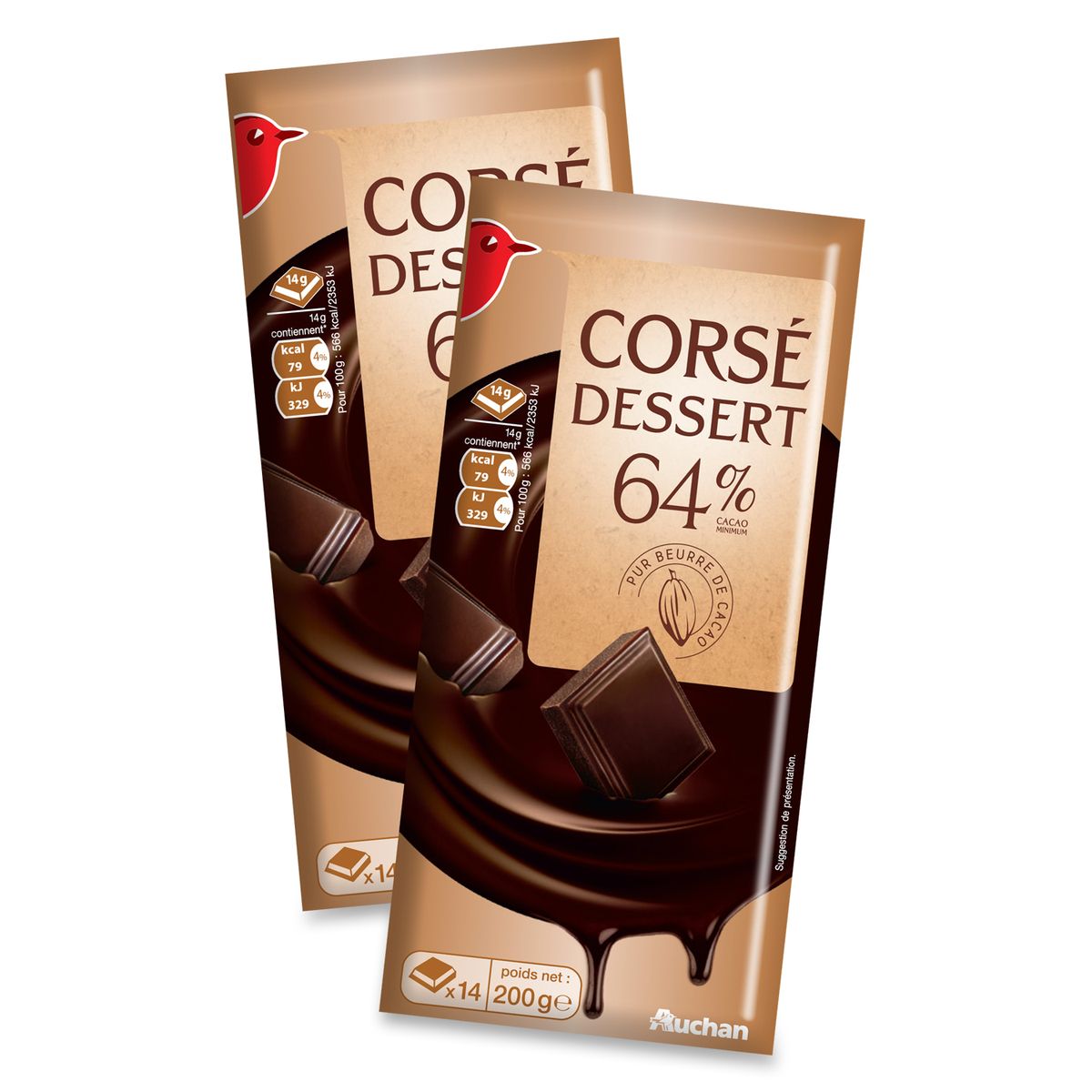 AUCHAN Auchan chocolat dessert noir corsé 64% 2x200g