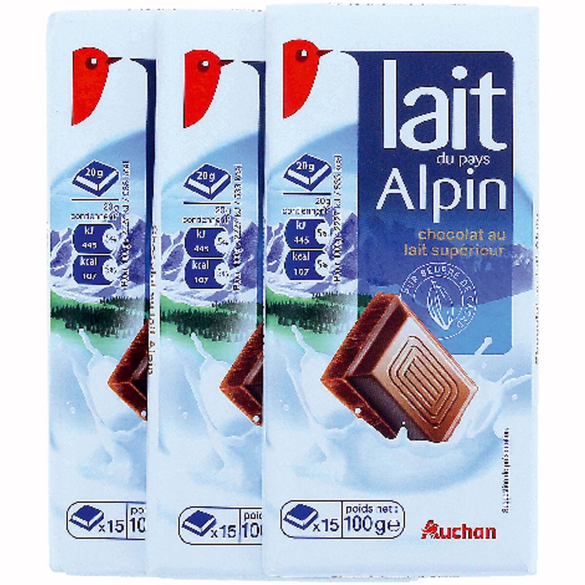 AUCHAN Tablette de chocolat au lait Alpin 3 pièces 3x100g pas cher 