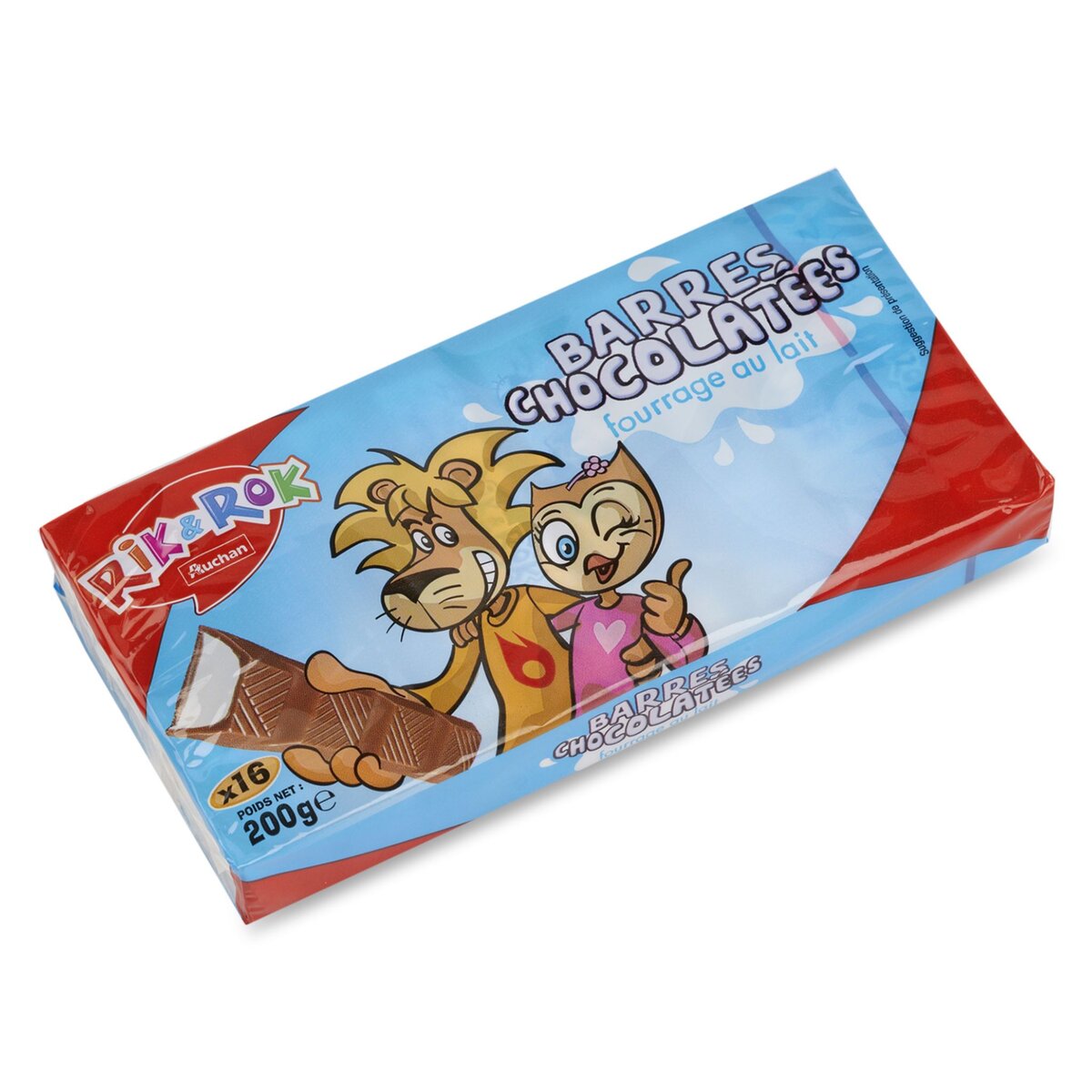 AUCHAN RIK & ROK Barres chocolatées fourrées au lait 16 barres 200g