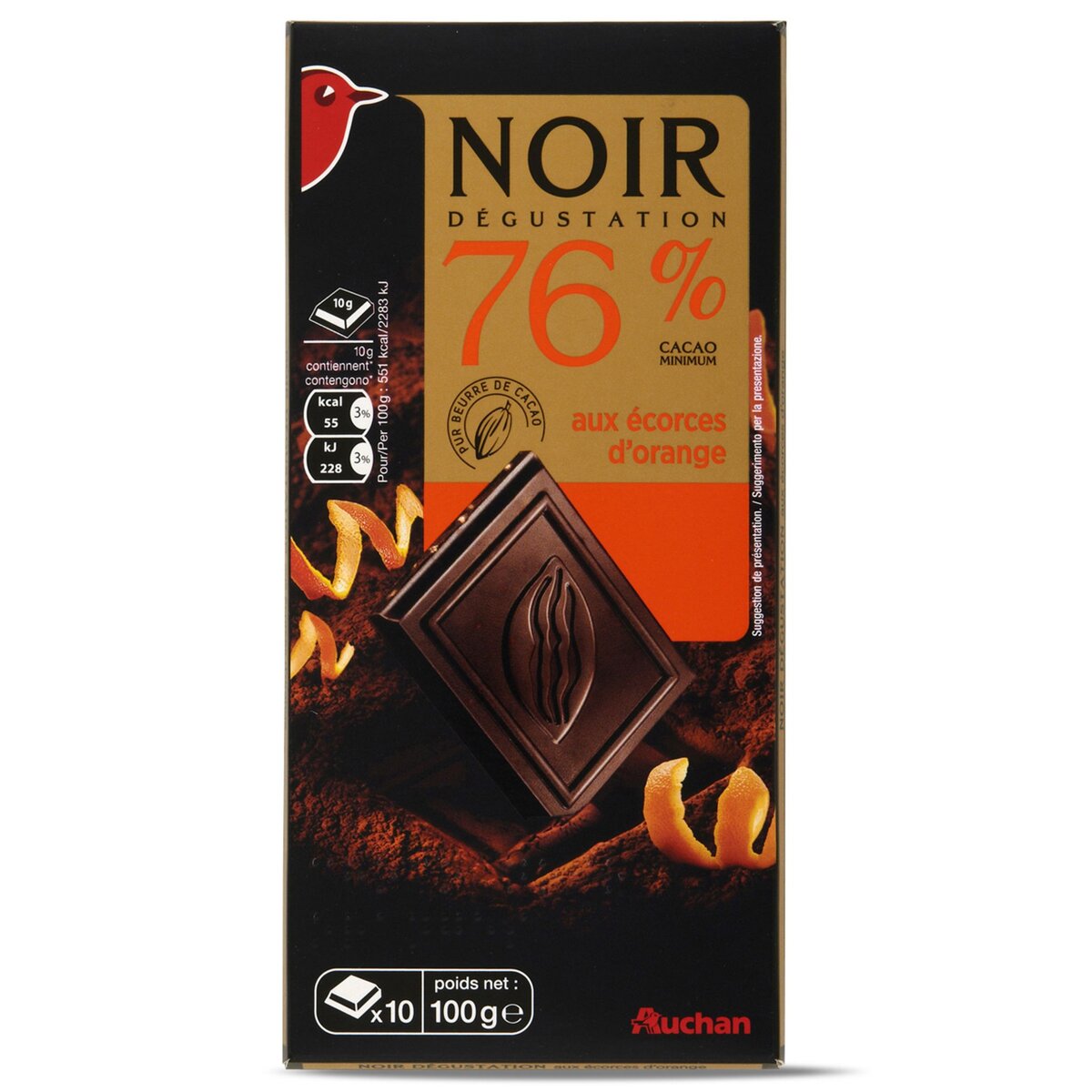 AUCHAN Auchan Tablette de chocolat noir dégustation 76% aux écorces d'orange 100g 1 pièce 100g