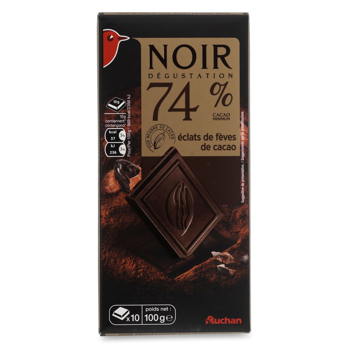 AUCHAN Tablette de chocolat noir dégustation 74% aux éclats de fèves de cacao 1 pièce 100g
