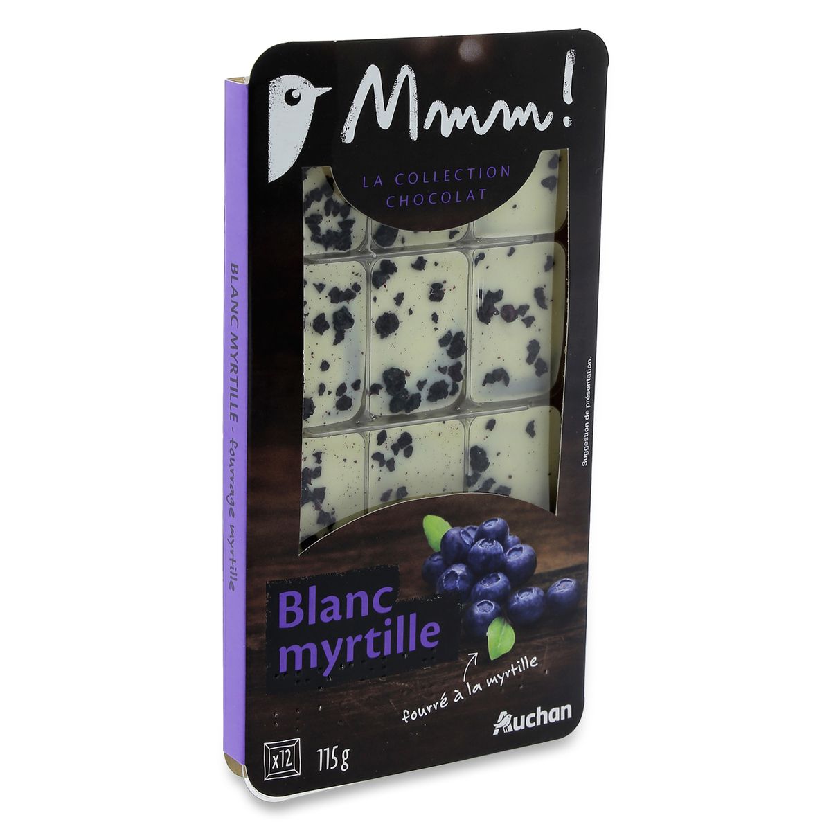 AUCHAN GOURMET Tablette de chocolat blanc dégustation la collection fourré myrtille 1 pièce 115g