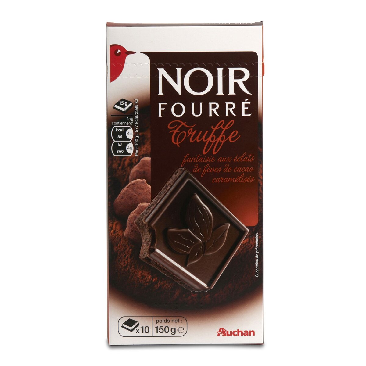 AUCHAN Auchan Tablette chocolat noir fourré truffe éclats fèves 150g 150g