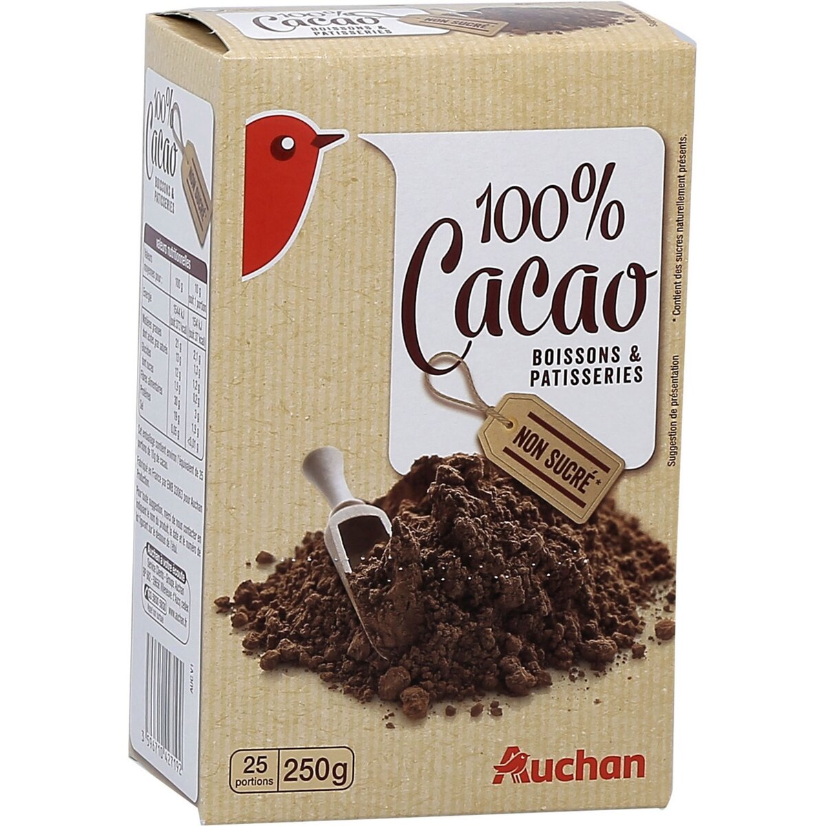 AUCHAN Chocolat en poudre 100% cacao non sucré 250g
