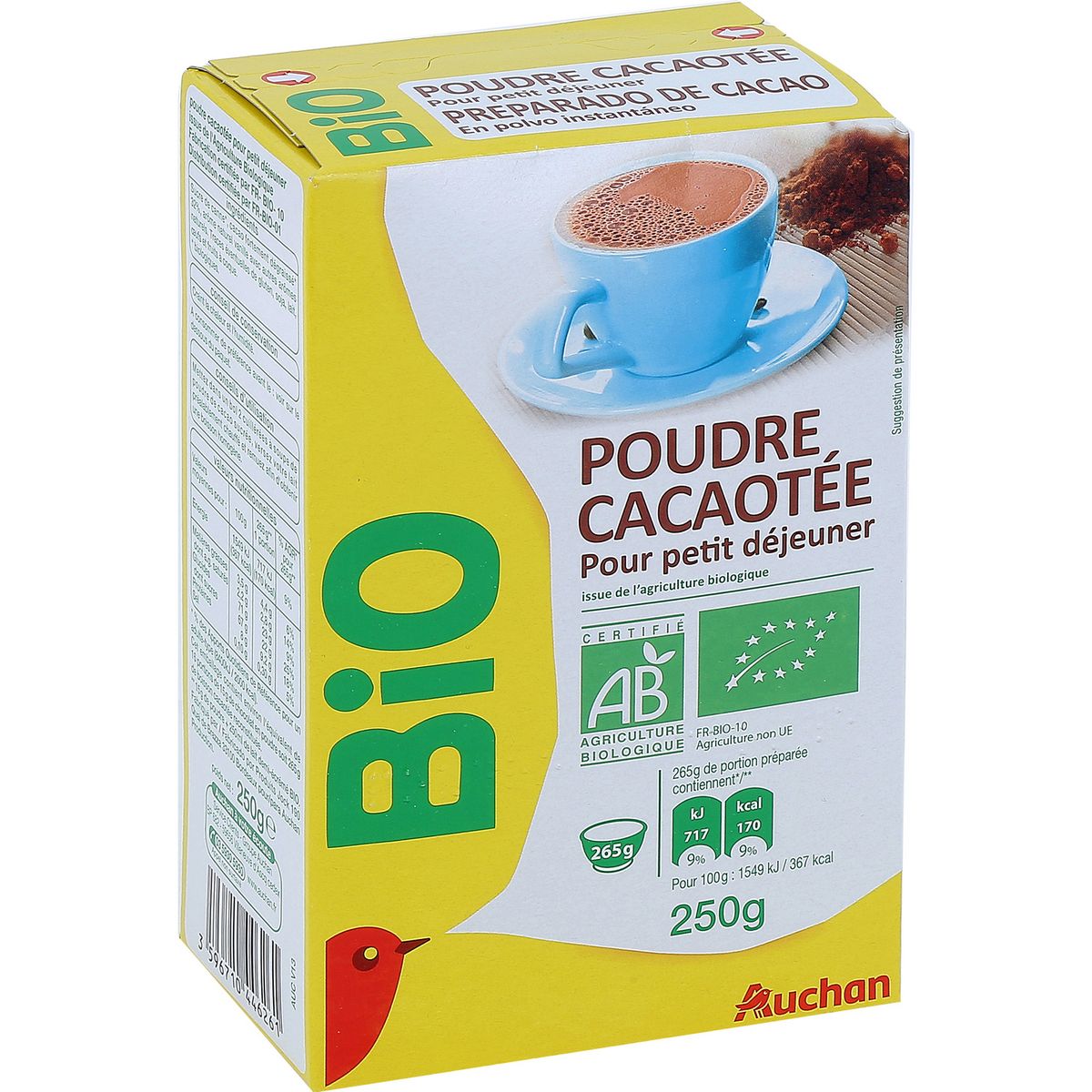 AUCHAN BIO Poudre cacaotée pour petit déjeuner 250g