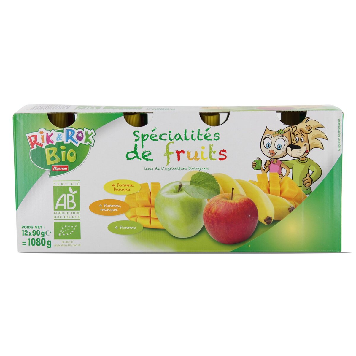 AUCHAN RIK & ROK Gourdes pomme banane mangue bio 12 gourdes 1,08kg