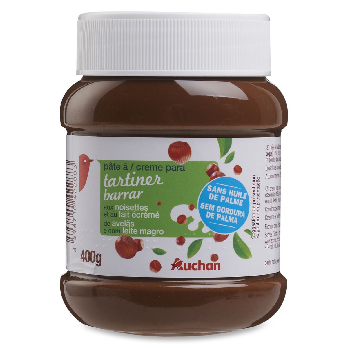 AUCHAN Pâte à tartiner aux noisettes et au lait écrémé sans huile de palme 400g