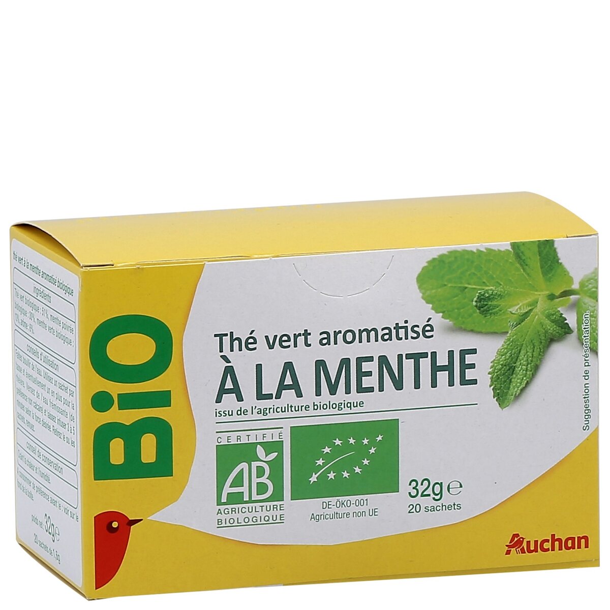 AUCHAN BIO Thé vert aromatisé à la menthe 20 sachets 32g