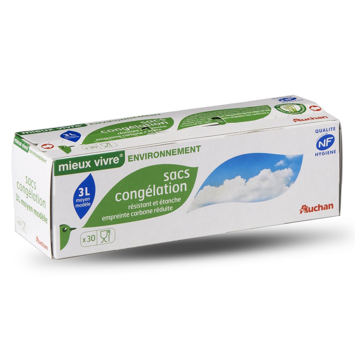 AUCHAN MIEUX VIVRE Sacs congélation taille moyenne 3l 30 sacs
